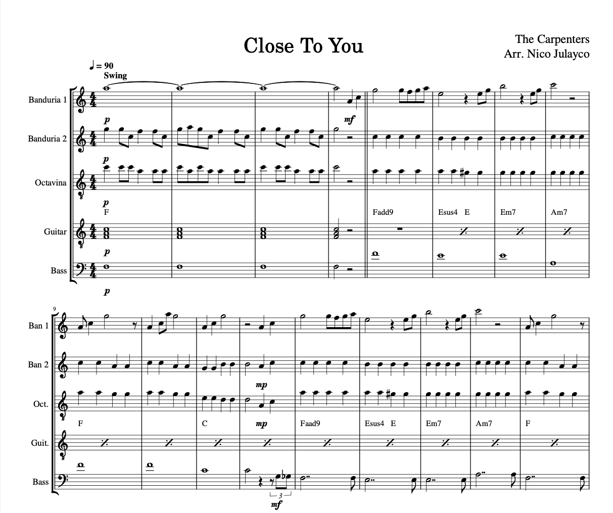 (They Long to Be) Close to You by Carpenters - Rondalla Sheet Music by Musicondalla