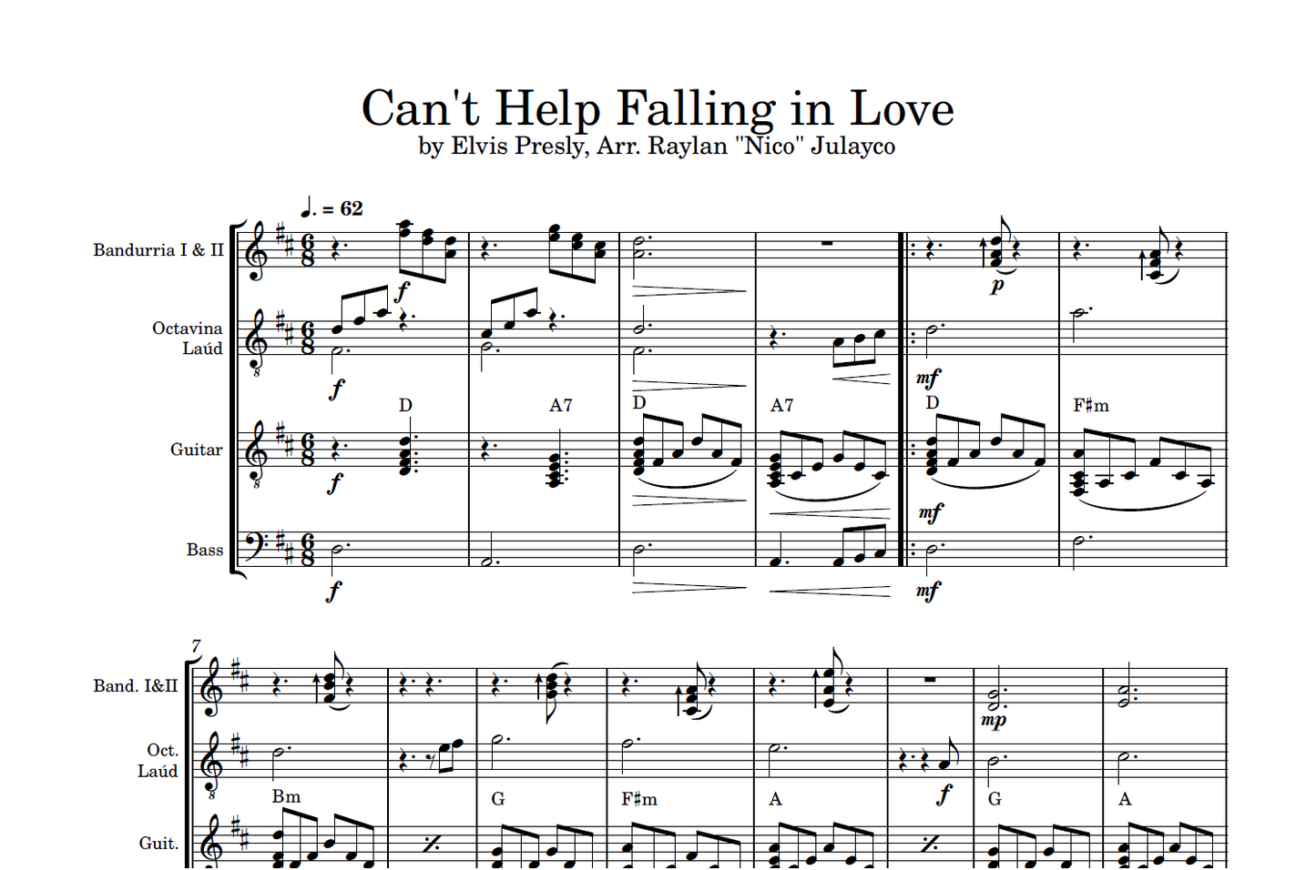 Can't Help Falling In Love - Rondalla Sheet Music by Musicondalla