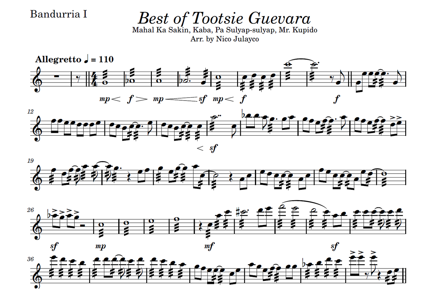 Best Hits of Tootsie Guevarra - Rondalla Sheet Music by Musicondalla
