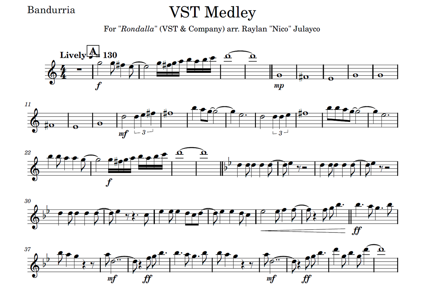 VST Medley - Rondalla Sheet Music by Musicondalla