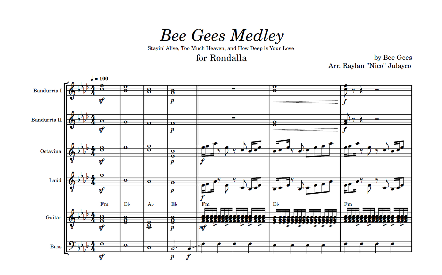 Bee Gees Medley - Rondalla Sheet Music by Musicondalla