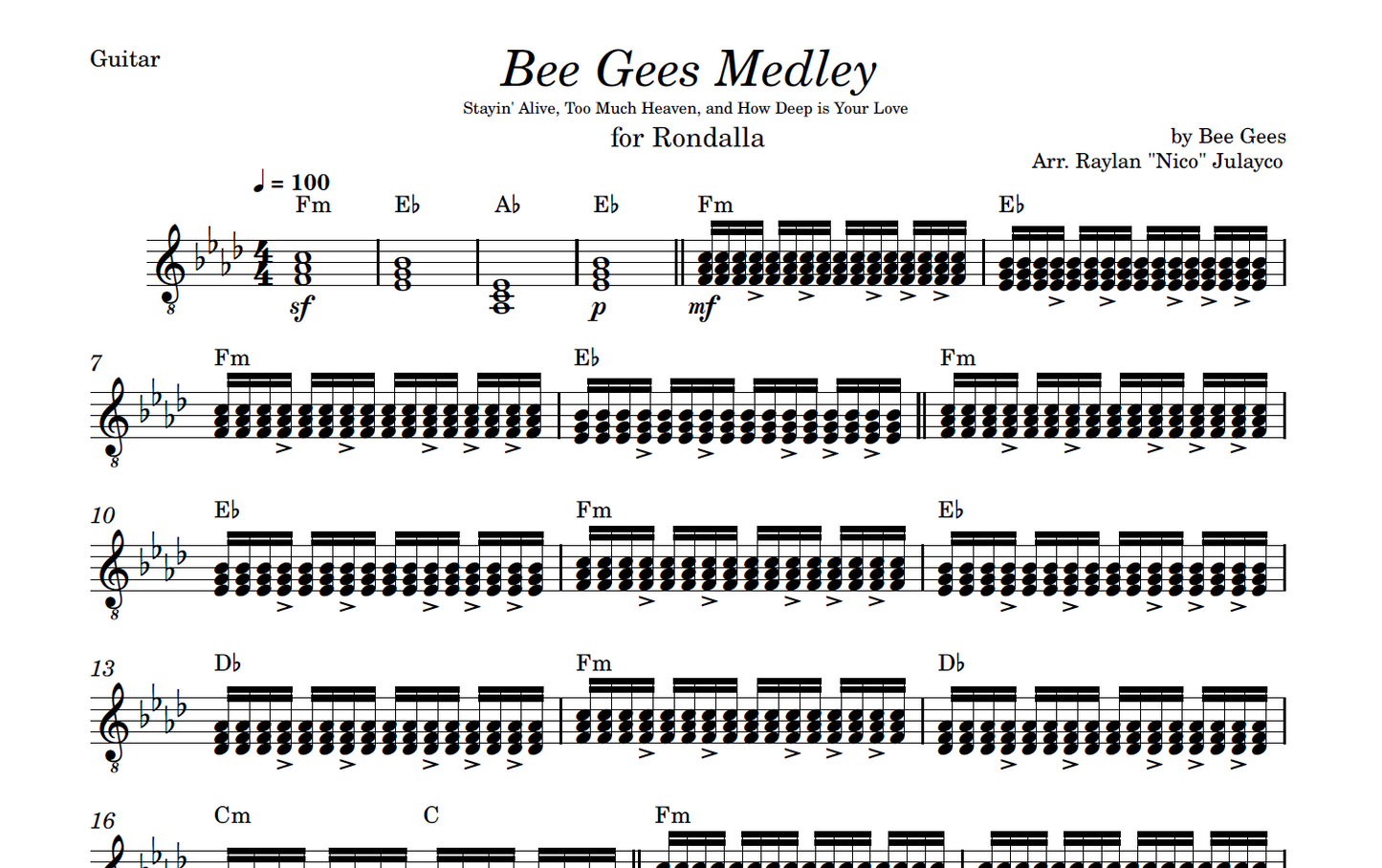 Bee Gees Medley - Rondalla Sheet Music by Musicondalla