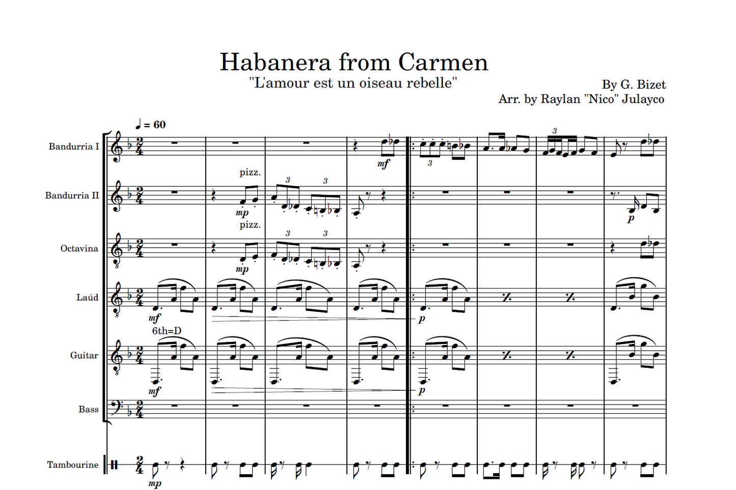 Habanera (from Carmen) - Rondalla Sheet Music by Musicondalla