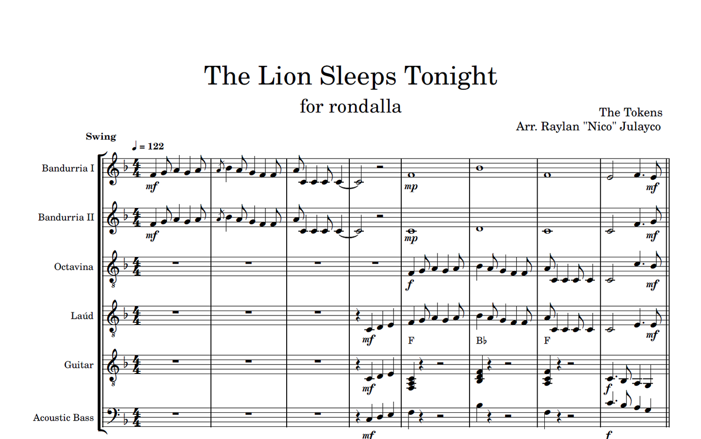 The Lion Sleeps Tonight - Rondalla Sheet Music by Musicondalla