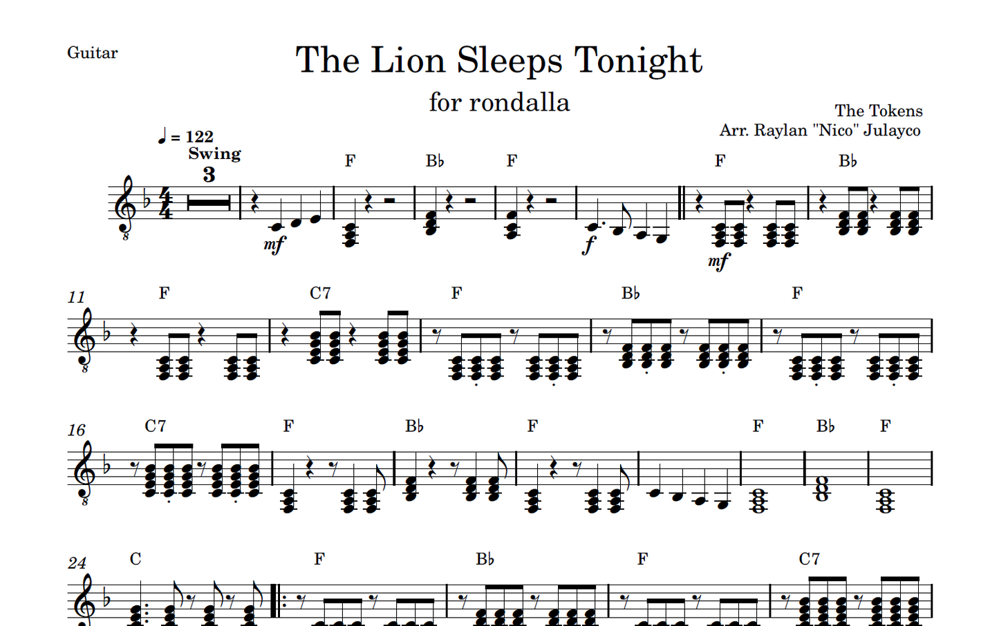 The Lion Sleeps Tonight - Rondalla Sheet Music by Musicondalla