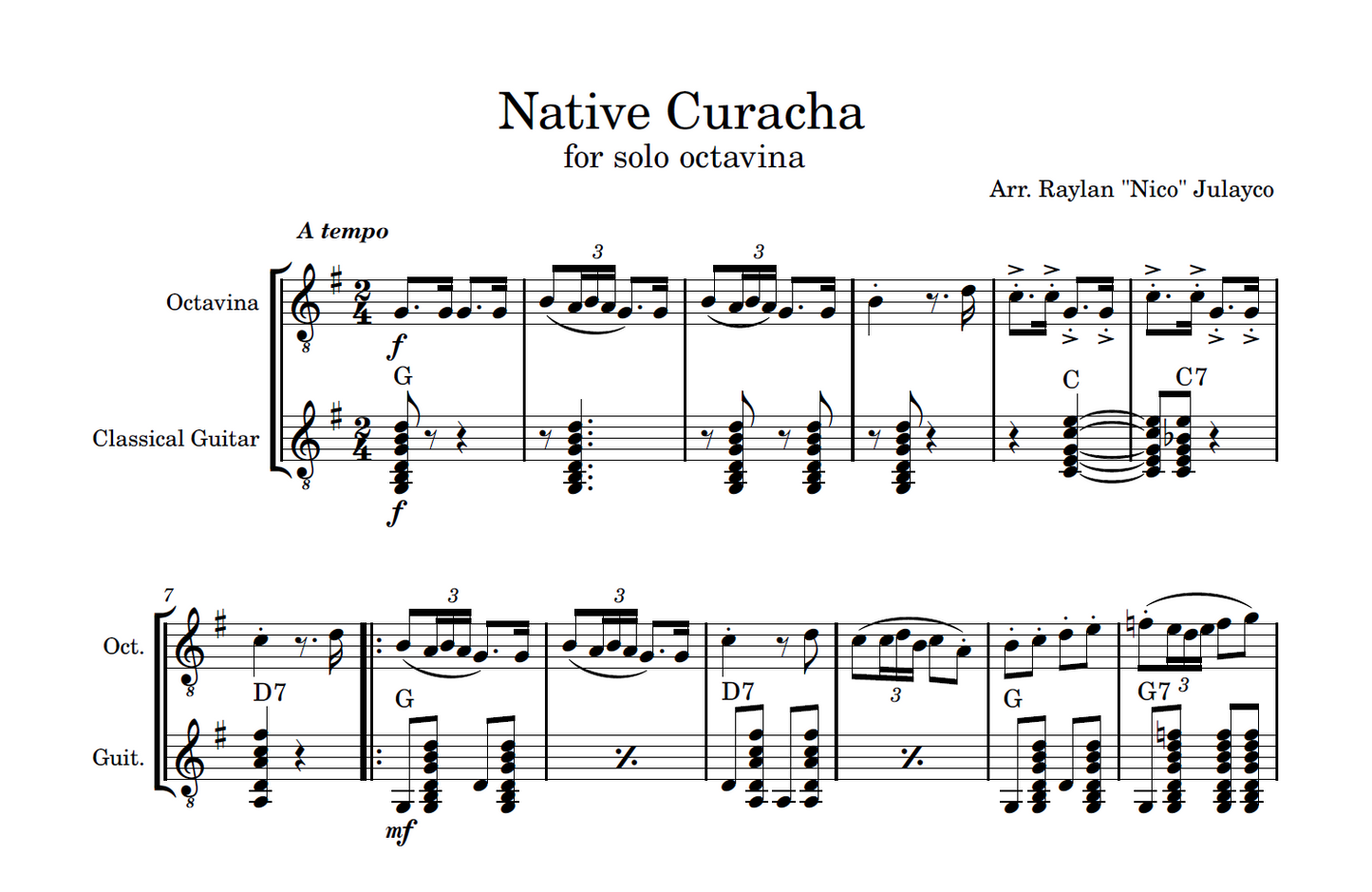 Native Curacha for Solo Octavina & Guitar - Rondalla Sheet Music by Musicondalla