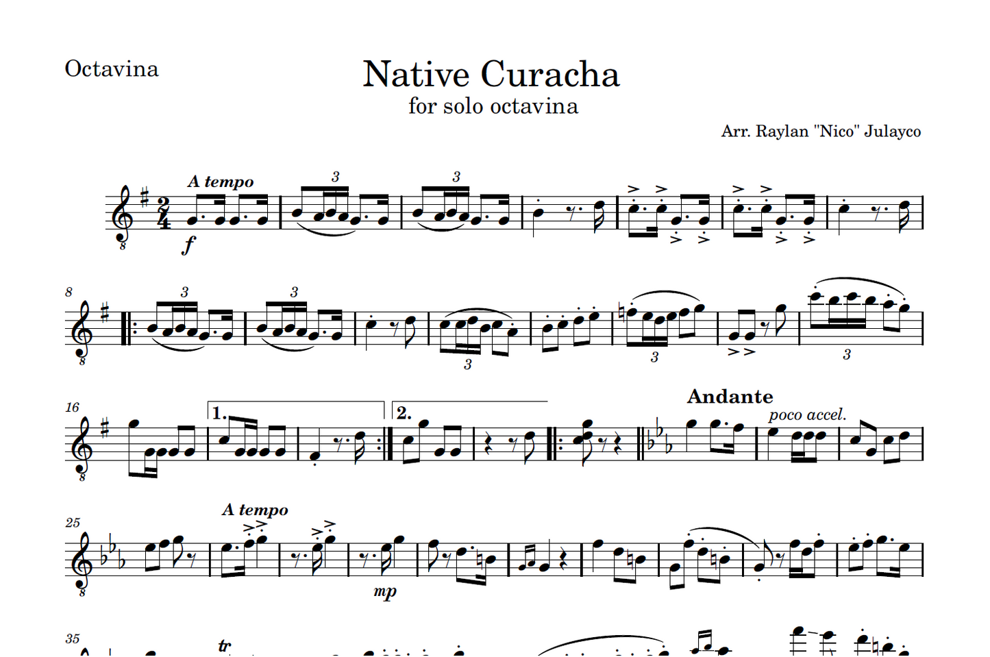 Native Curacha for Solo Octavina & Guitar - Rondalla Sheet Music by Musicondalla