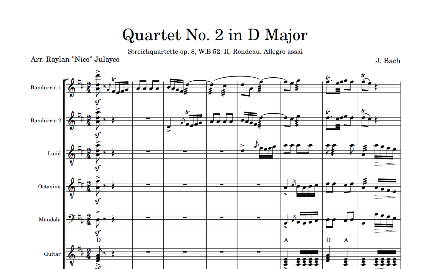 Quartet No. 2 in D Major - Rondalla Sheet Music by Musicondalla