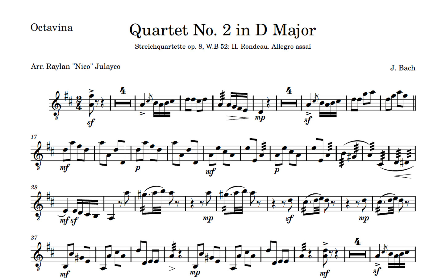 Quartet No. 2 in D Major - Rondalla Sheet Music by Musicondalla