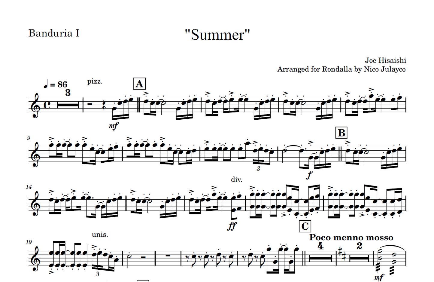 Summer by Joe Hisaishi - Rondalla Sheet Music by Musicondalla