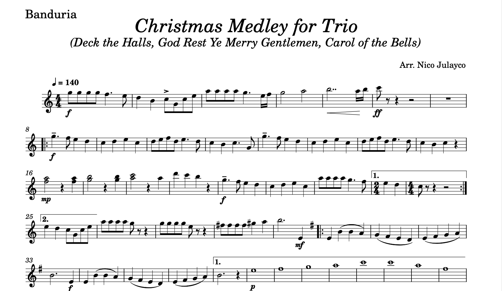 Christmas Medley for Trio (Deck the Halls, God Rest Ye Merry Gentlemen, Carol of the Bells) - Rondalla Sheet Music by Musicondalla