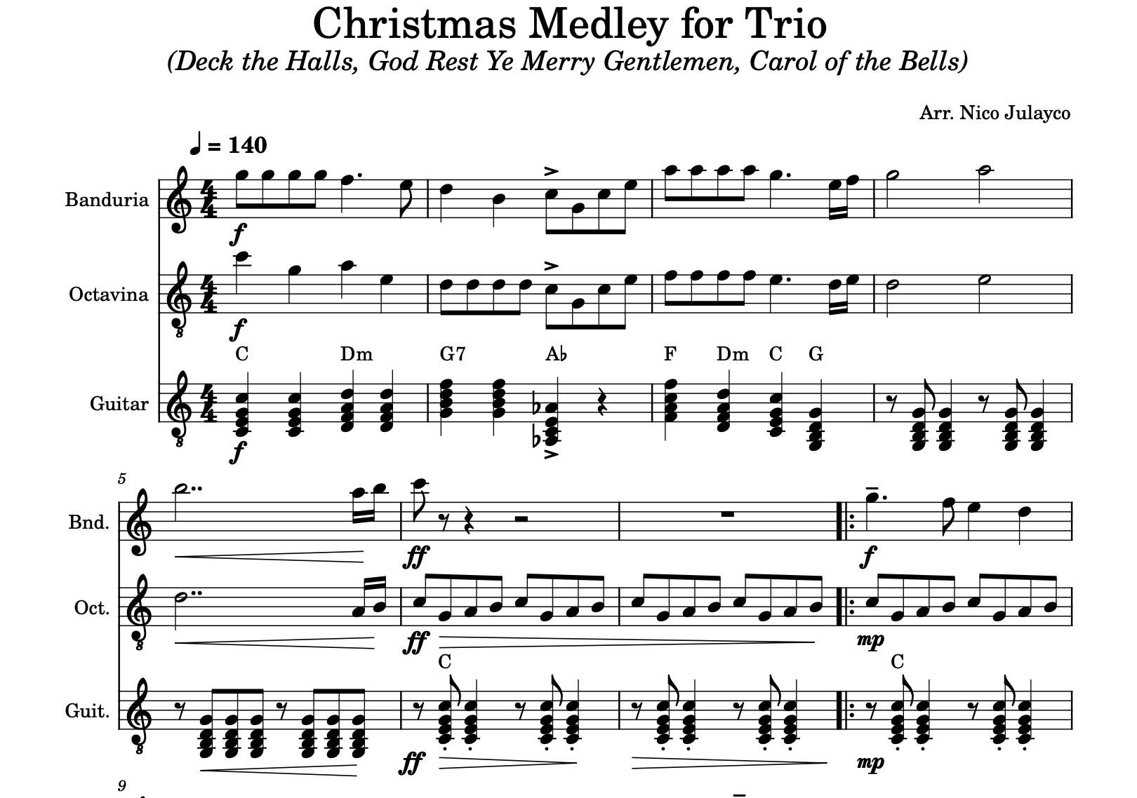 Christmas Medley for Trio (Deck the Halls, God Rest Ye Merry Gentlemen, Carol of the Bells) - Rondalla Sheet Music by Musicondalla