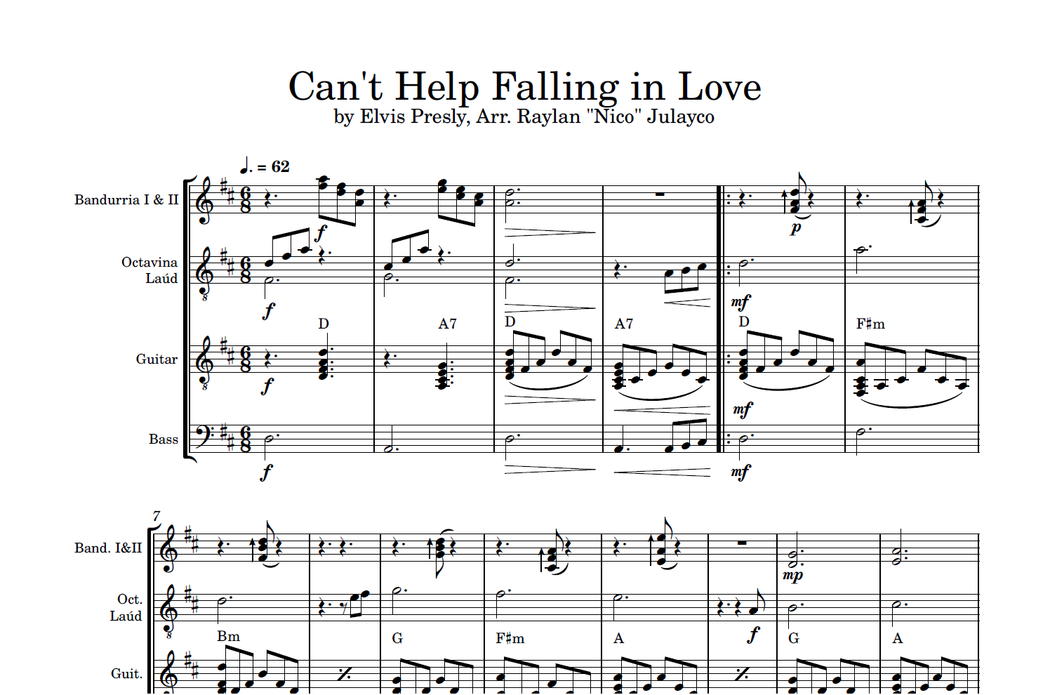 Can't Help Falling In Love - Rondalla Sheet Music by Musicondalla
