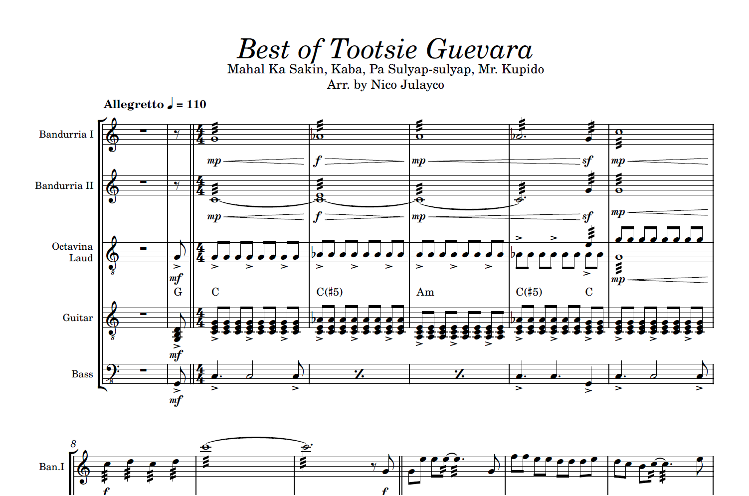 Best Hits of Tootsie Guevarra - Rondalla Sheet Music by Musicondalla