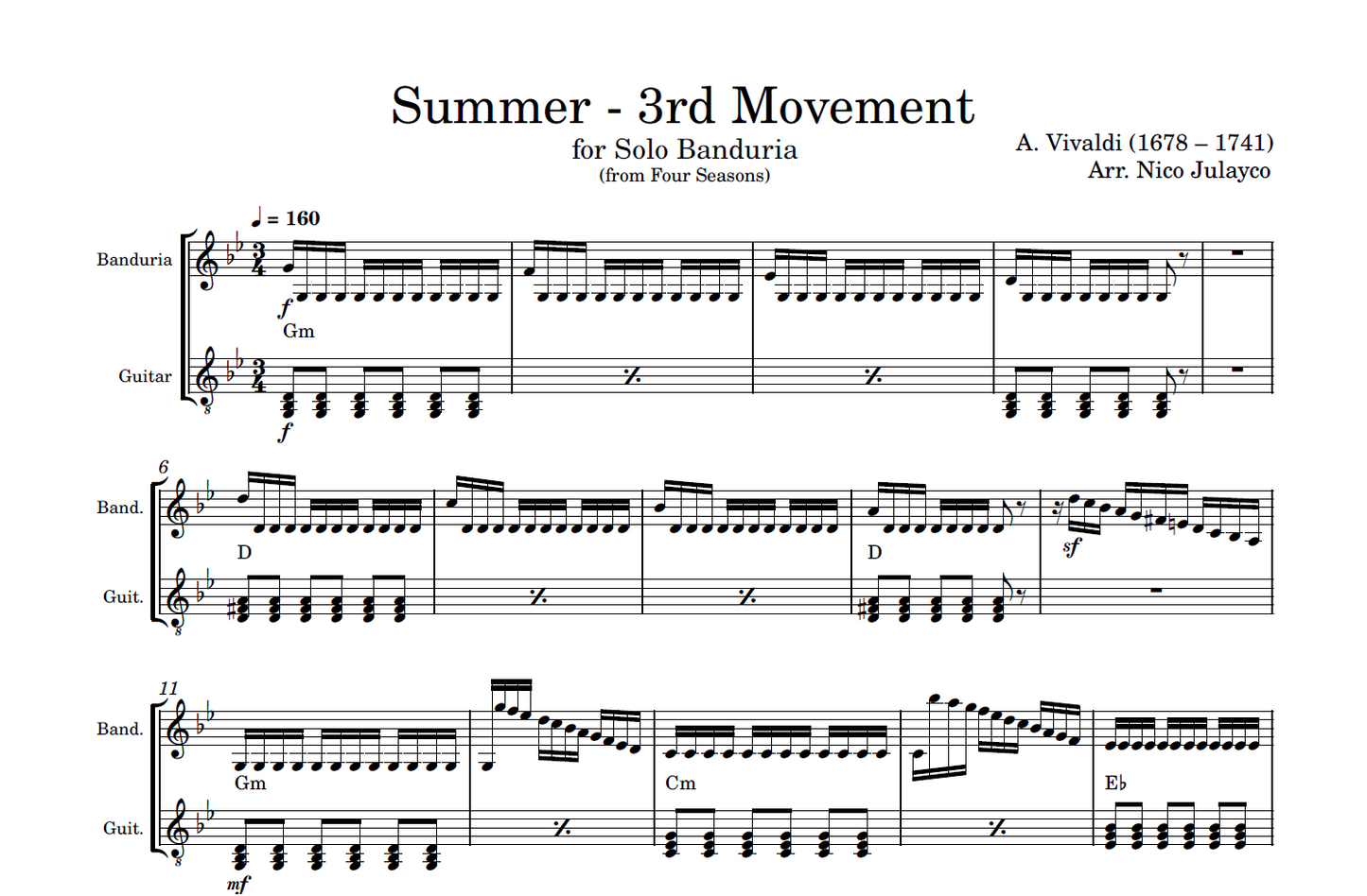 Summer - 3rd movement (from Four Seasons) - Rondalla Sheet Music by Musicondalla