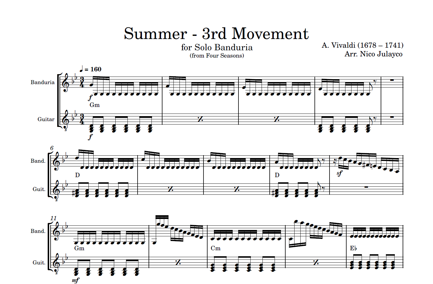 Summer - 3rd movement (from Four Seasons) - Rondalla Sheet Music by Musicondalla