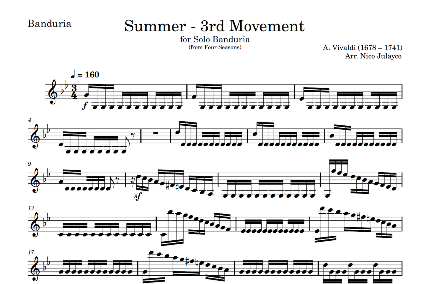 Summer - 3rd movement (from Four Seasons) - Rondalla Sheet Music by Musicondalla