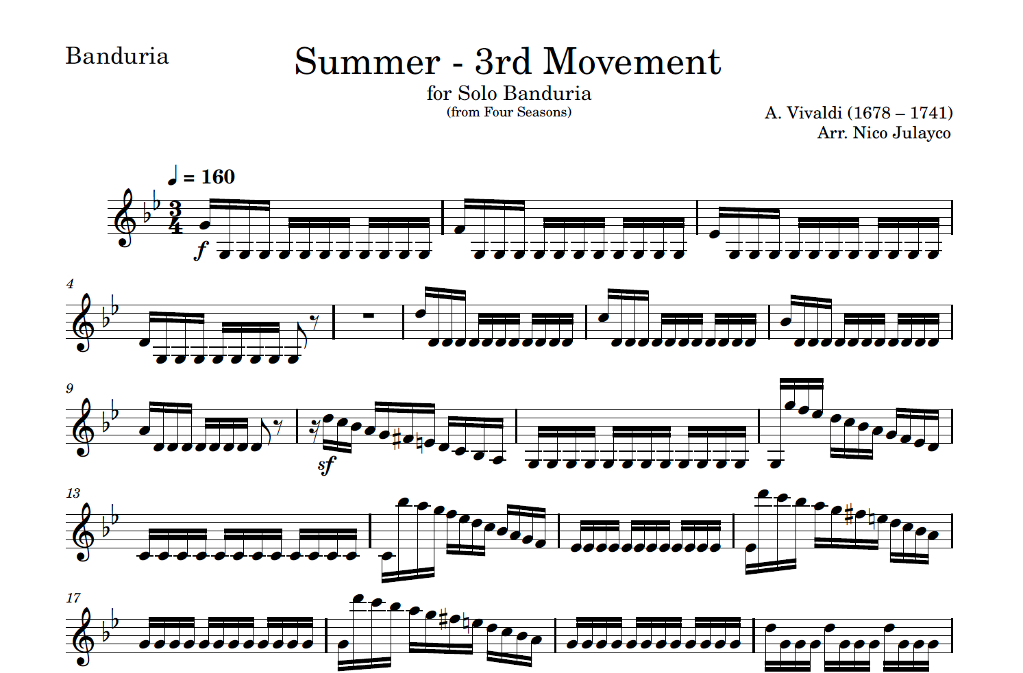 Summer - 3rd movement (from Four Seasons) - Rondalla Sheet Music by Musicondalla