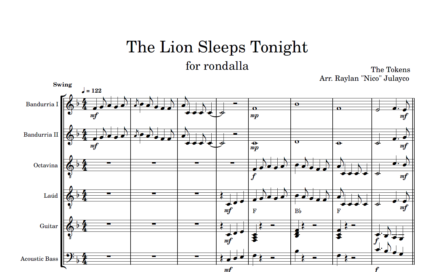 The Lion Sleeps Tonight - Rondalla Sheet Music by Musicondalla