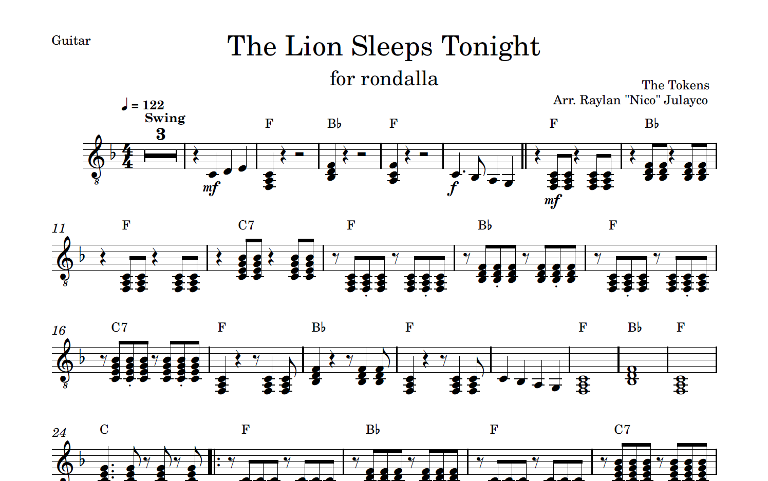 The Lion Sleeps Tonight - Rondalla Sheet Music by Musicondalla