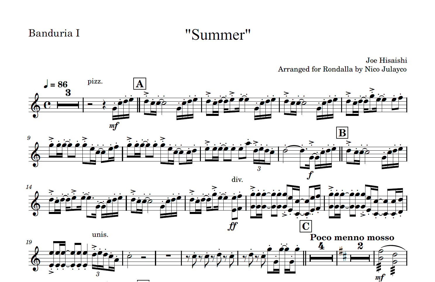 Summer by Joe Hisaishi - Rondalla Sheet Music by Musicondalla